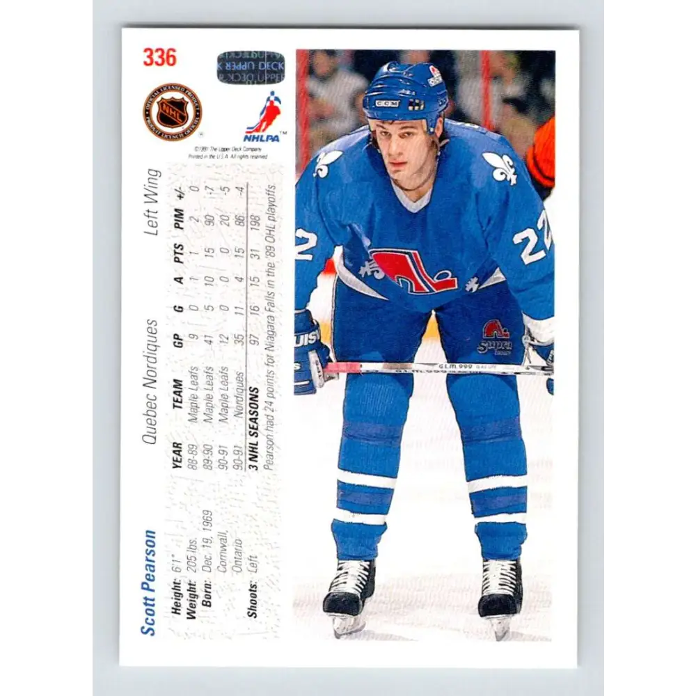 1991-92 Upper Deck #336 Scott Pearson NM-MT Quebec Nordiques Hockey Card Image 2