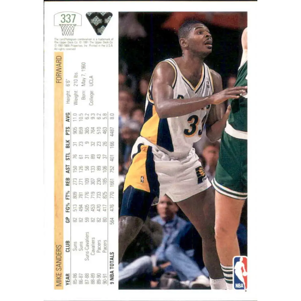 1991-92 Upper Deck #337 Mike Sanders NM-MT Indiana Pacers Basketball Card Image 2
