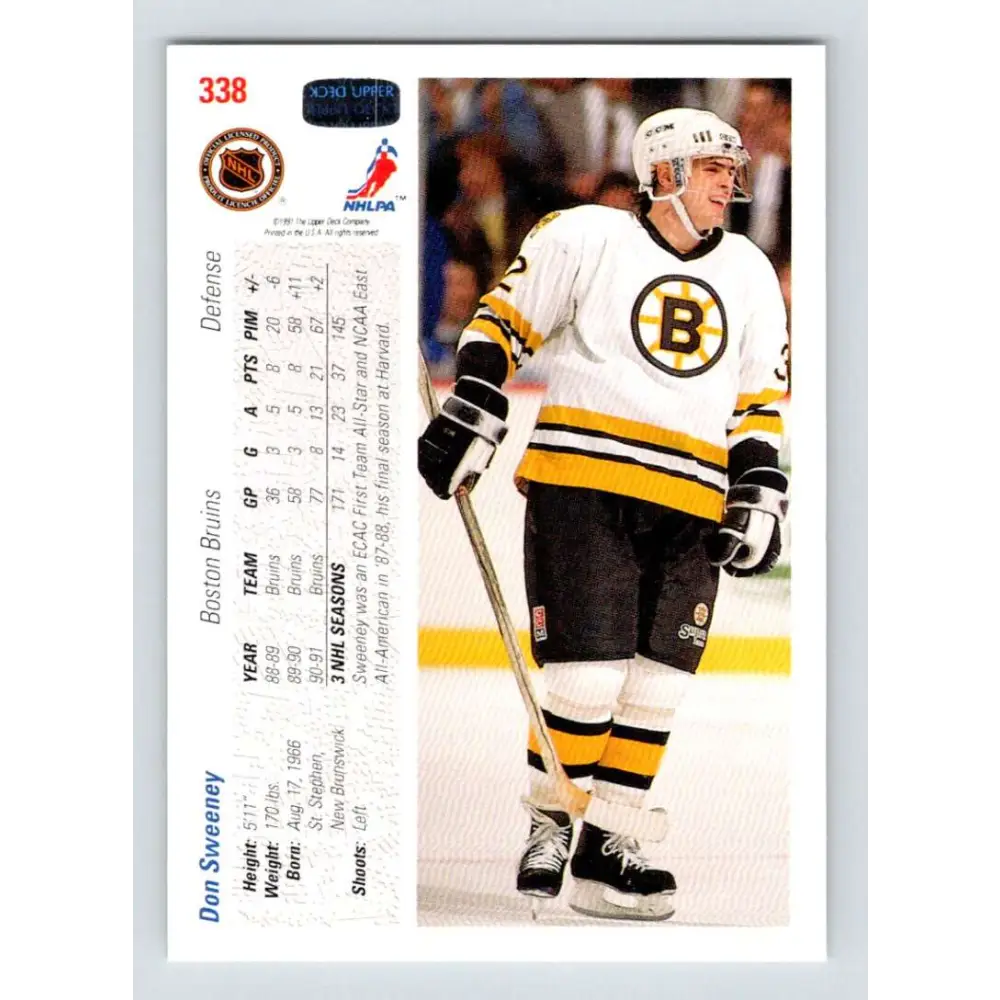 1991-92 Upper Deck #338 Don Sweeney NM-MT Boston Bruins Hockey Card Image 2