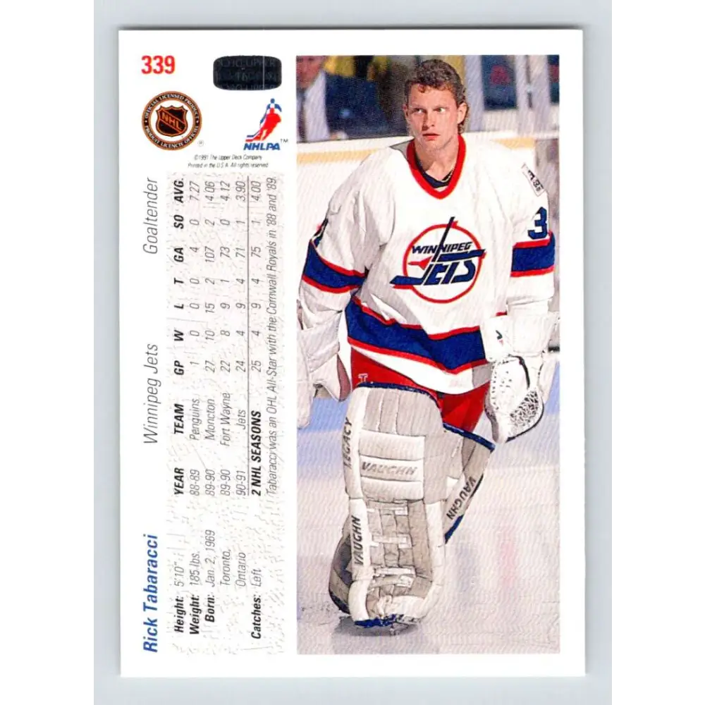 1991-92 Upper Deck #339 Rick Tabaracci NM-MT Winnipeg Jets Hockey Card Image 2