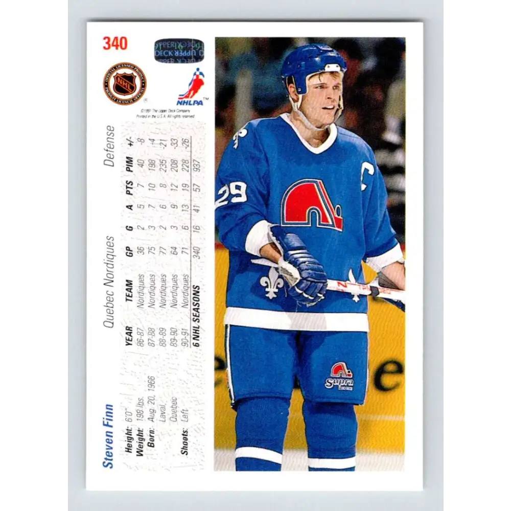1991-92 Upper Deck #340 Steven Finn NM-MT Quebec Nordiques Hockey Card Image 2