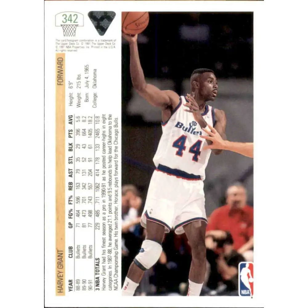 1991-92 Upper Deck #342 Harvey Grant NM-MT Washington Bullets Basketball Card Image 2