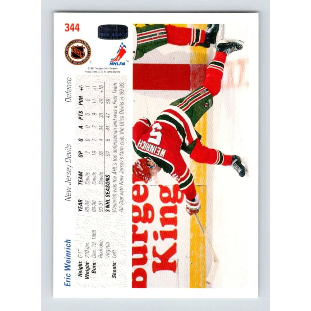 1991-92 Upper Deck #344 Eric Weinrich NM-MT New Jersey Devils Hockey Card Image 2
