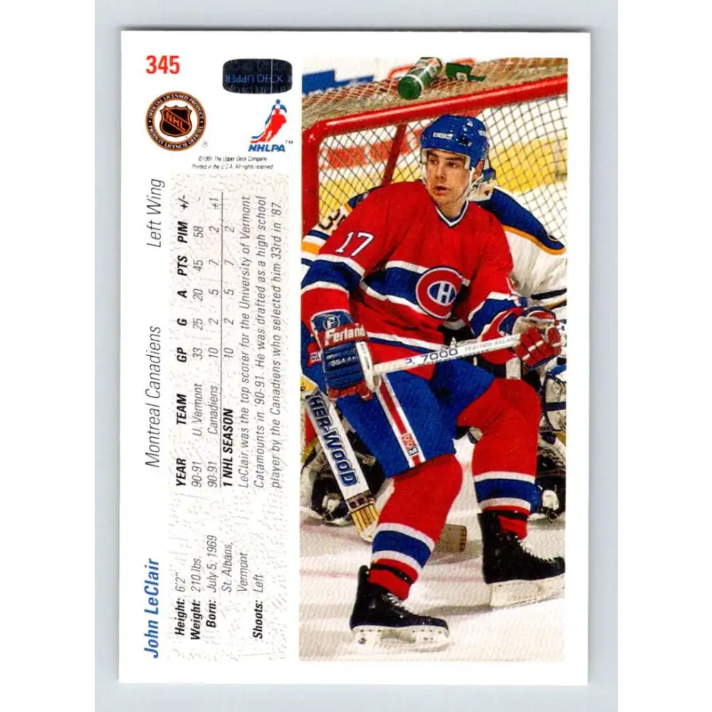 1991-92 Upper Deck #345 John LeClair NM-MT RC Rookie Montreal Canadiens Hockey Card Image 2