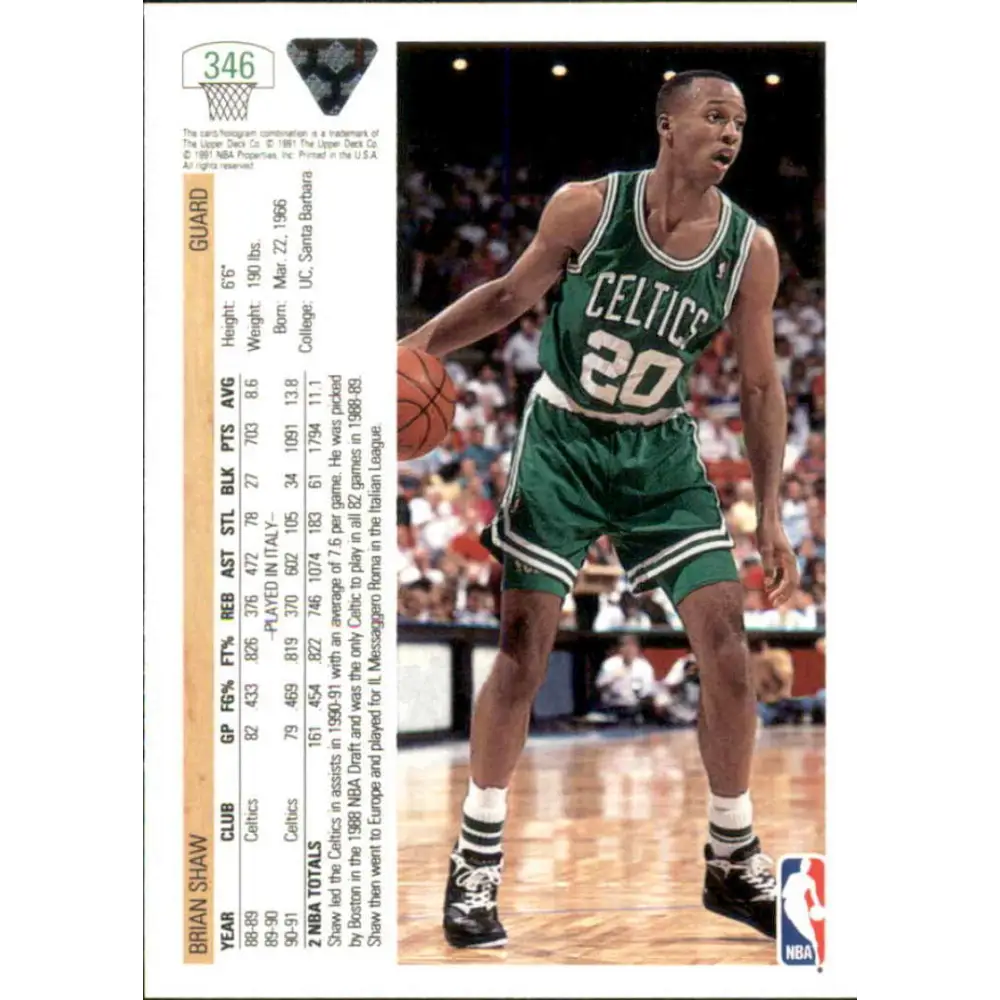 1991-92 Upper Deck #346 Brian Shaw NM-MT Boston Celtics Basketball Card Image 2