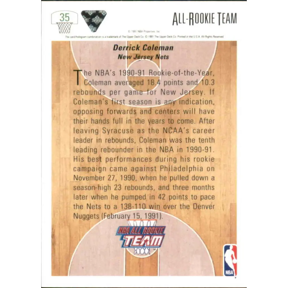1991-92 Upper Deck #35 Derrick Coleman ART NM-MT New Jersey Nets Basketball Card Image 2