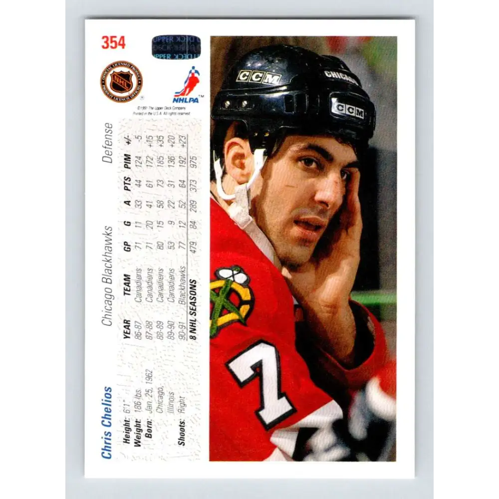 1991-92 Upper Deck #354 Chris Chelios NM-MT Chicago Blackhawks Hockey Card Image 2