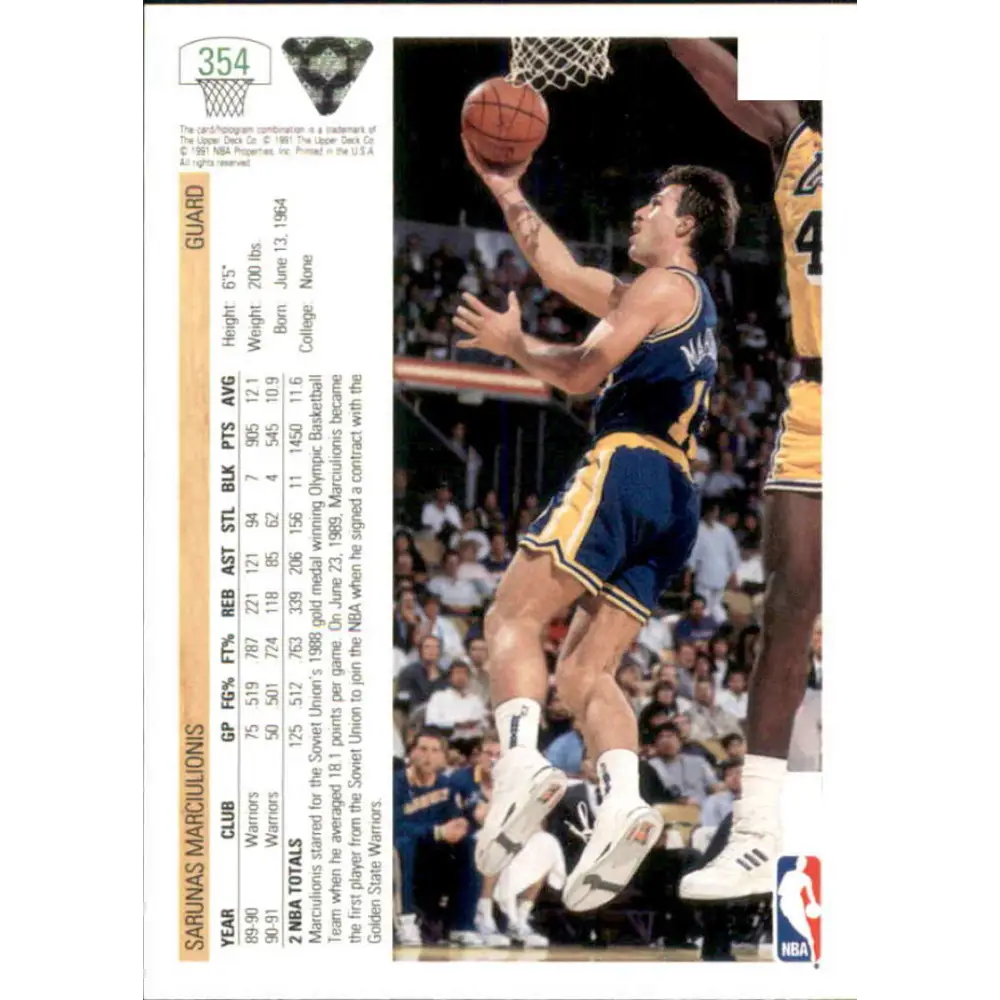1991-92 Upper Deck #354 Sarunas Marciulionis NM-MT Golden State Warriors Basketball Card Image 2