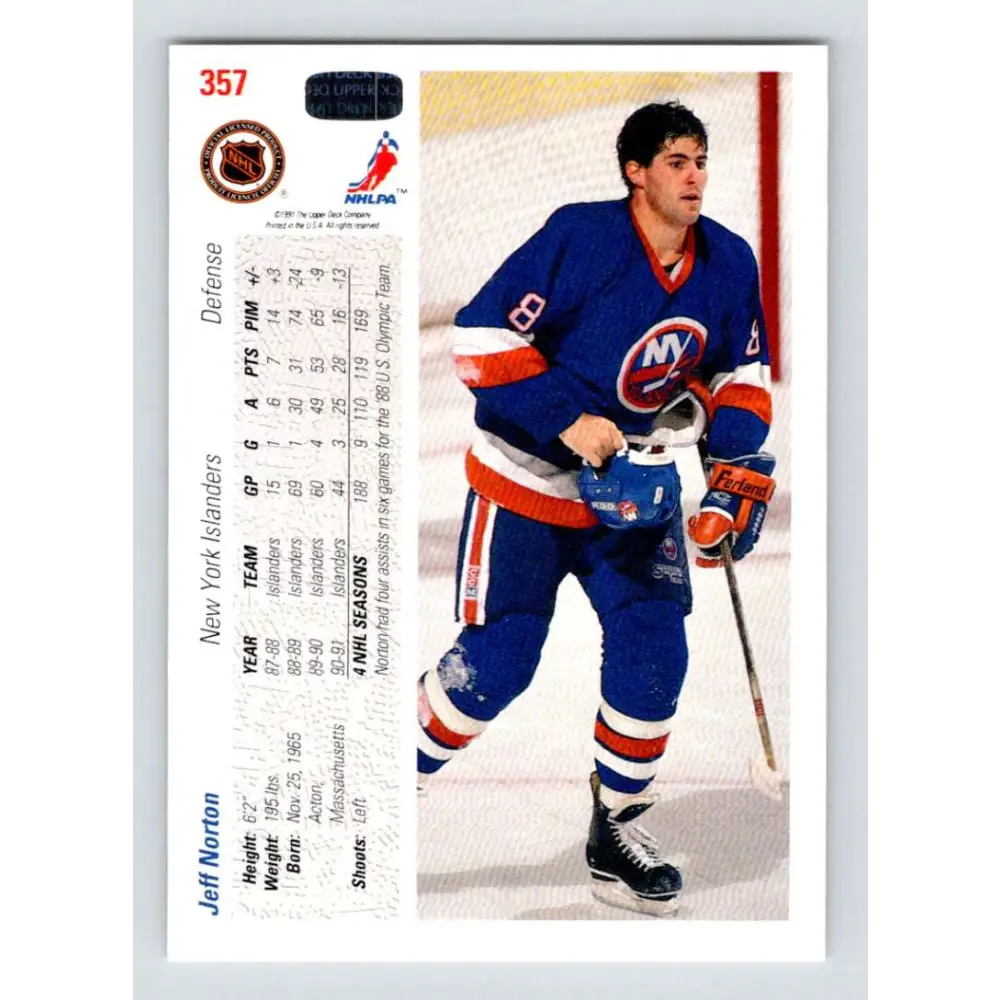 1991-92 Upper Deck #357 Jeff Norton NM-MT New York Islanders Hockey Card Image 2