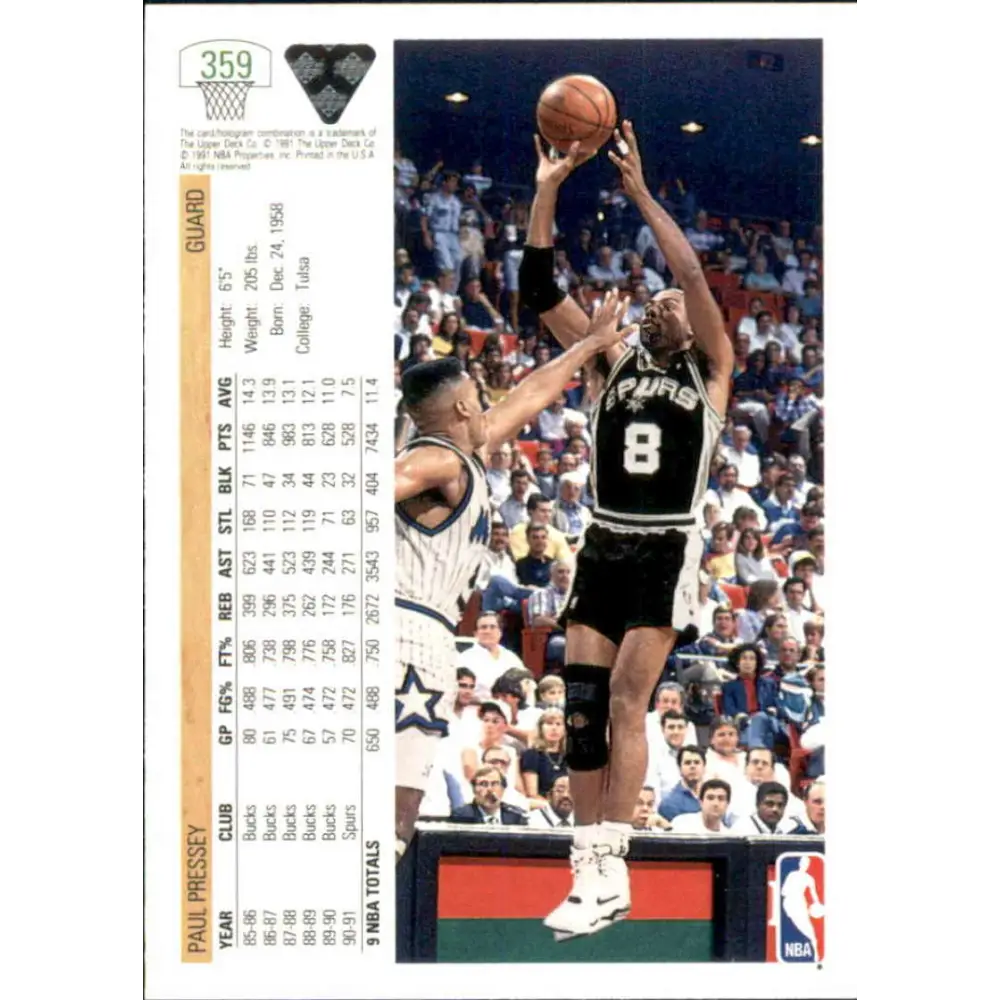 1991-92 Upper Deck #359 Paul Pressey NM-MT San Antonio Spurs Basketball Card Image 2