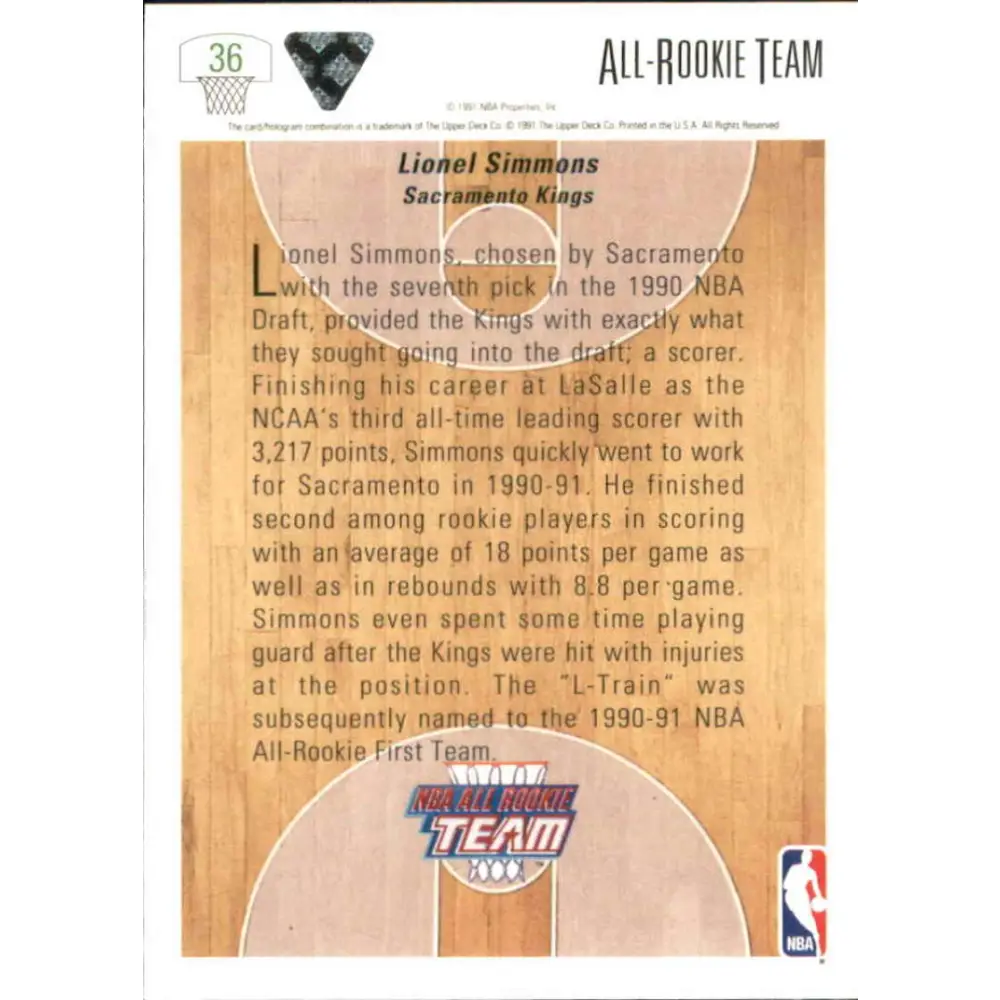 1991-92 Upper Deck #36 Lionel Simmons ART NM-MT Sacramento Kings Basketball Card Image 2