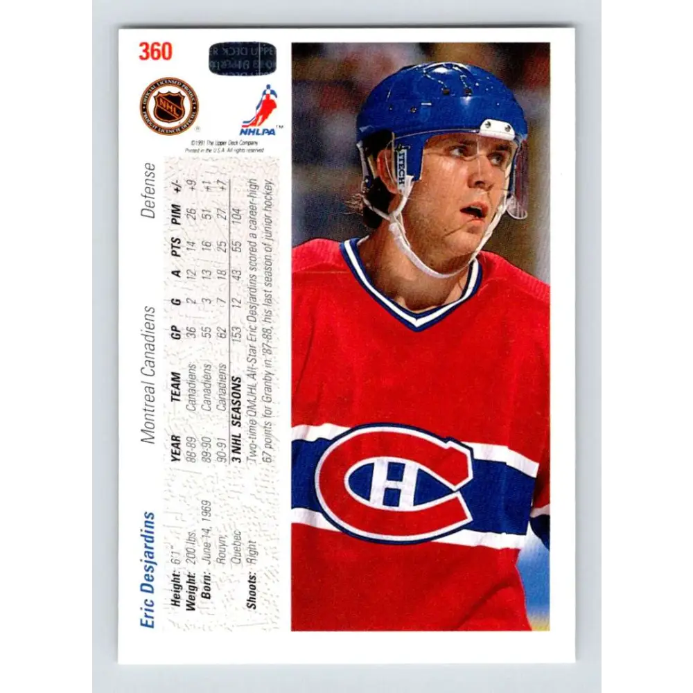 1991-92 Upper Deck #360 Eric Desjardins NM-MT Montreal Canadiens Hockey Card Image 2