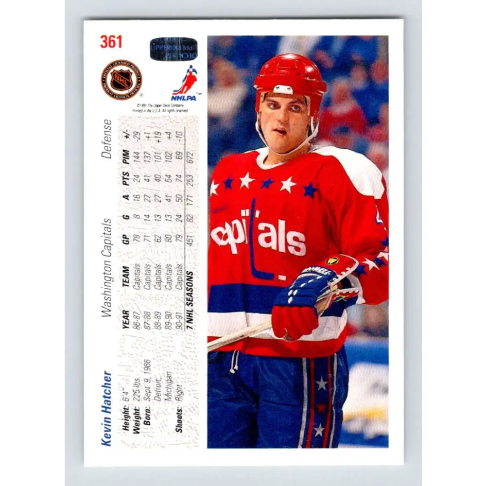 1991-92 Upper Deck #361 Kevin Hatcher NM-MT Washington Capitals Hockey Card Image 2
