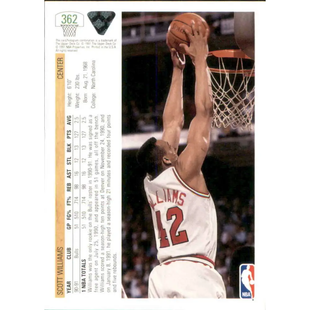 1991-92 Upper Deck #362 Scott Williams NM-MT RC Rookie Chicago Bulls Basketball Card Image 2