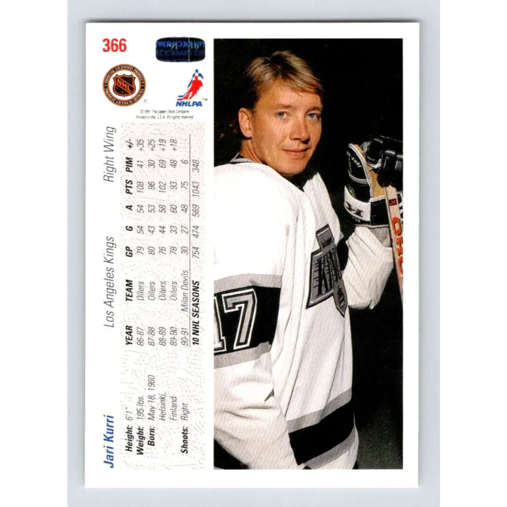 1991-92 Upper Deck #366 Jari Kurri NM-MT Hockey Card Image 2
