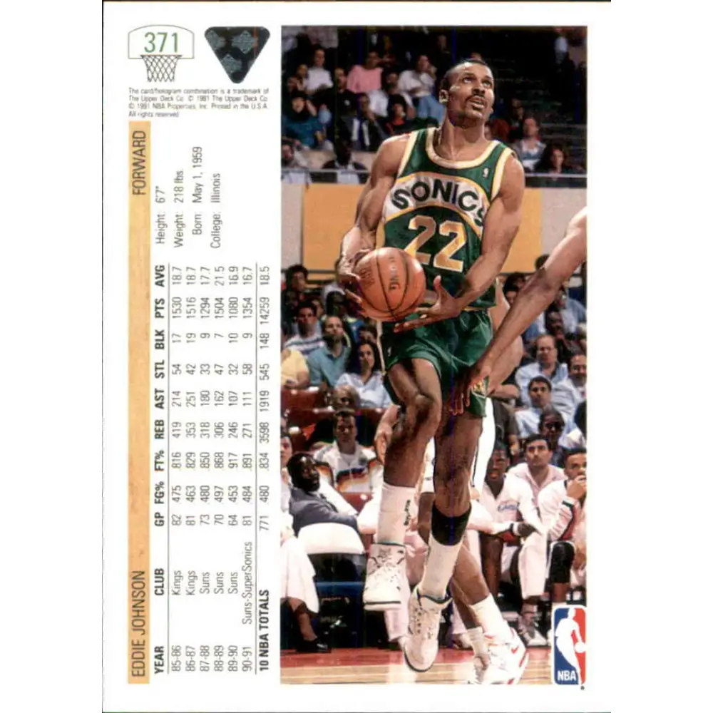 1991-92 Upper Deck #371 Eddie Johnson NM-MT Seattle SuperSonics Basketball Card Image 2