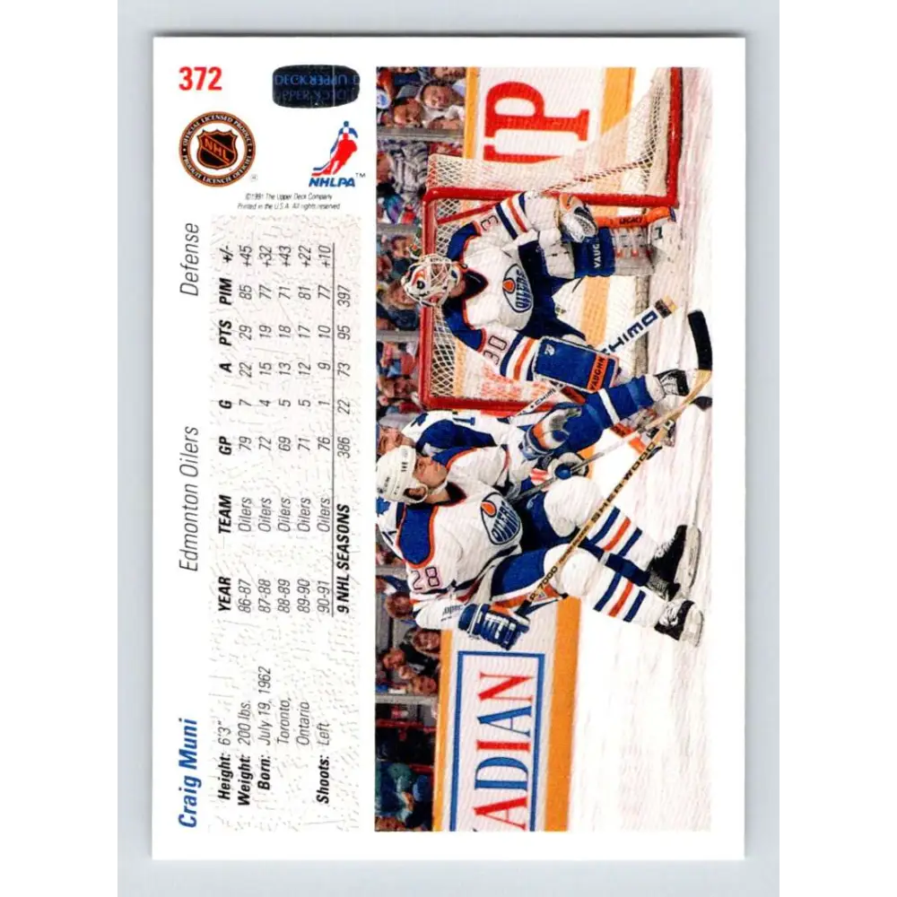 1991-92 Upper Deck #372 Craig Muni NM-MT Edmonton Oilers Hockey Card Image 2