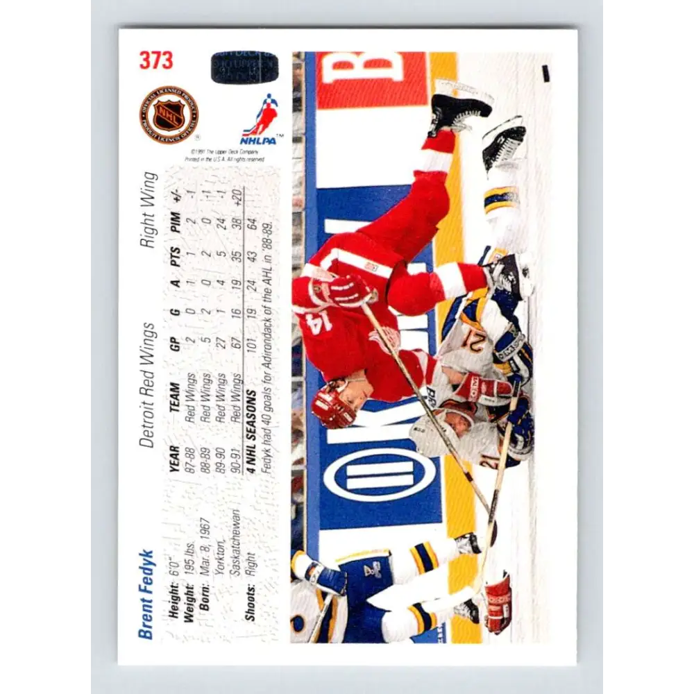 1991-92 Upper Deck #373 Brent Fedyk NM-MT Detroit Red Wings Hockey Card Image 2