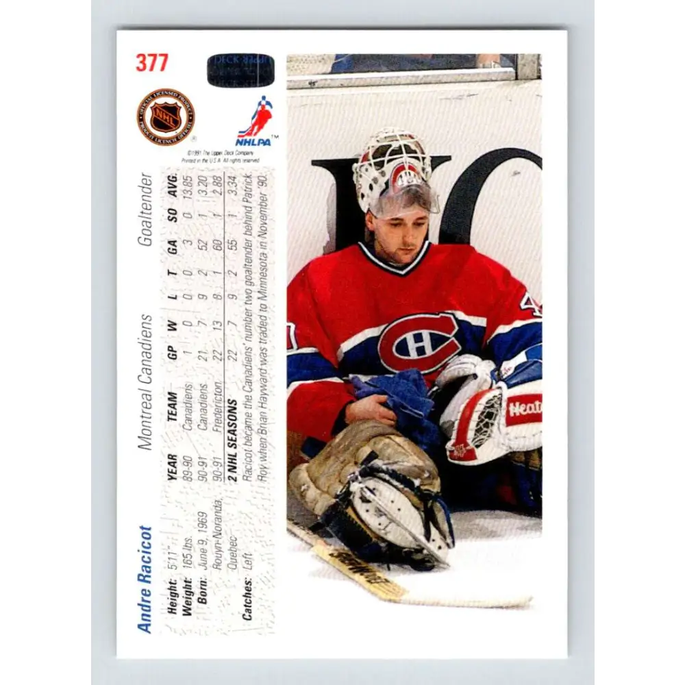 1991-92 Upper Deck #377 Andre Racicot NM-MT RC Rookie Montreal Canadiens Hockey Card Image 2