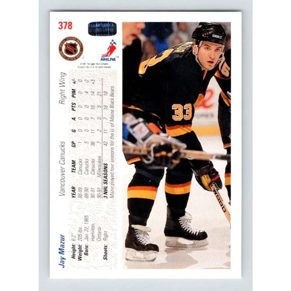 1991-92 Upper Deck #378 Jay Mazur NM-MT Vancouver Canucks Hockey Card Image 2