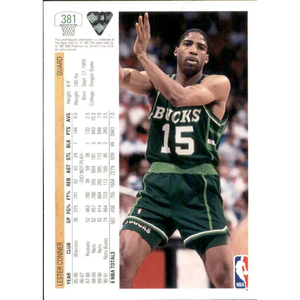 1991-92 Upper Deck #381 Lester Conner NM-MT Milwaukee Bucks Basketball Card Image 2