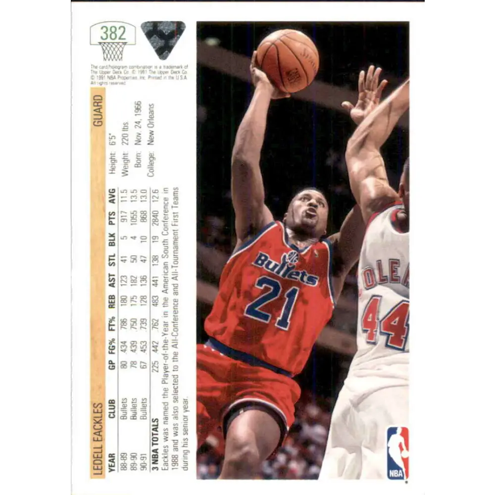 1991-92 Upper Deck #382 Ledell Eackles NM-MT Washington Bullets Basketball Card Image 2