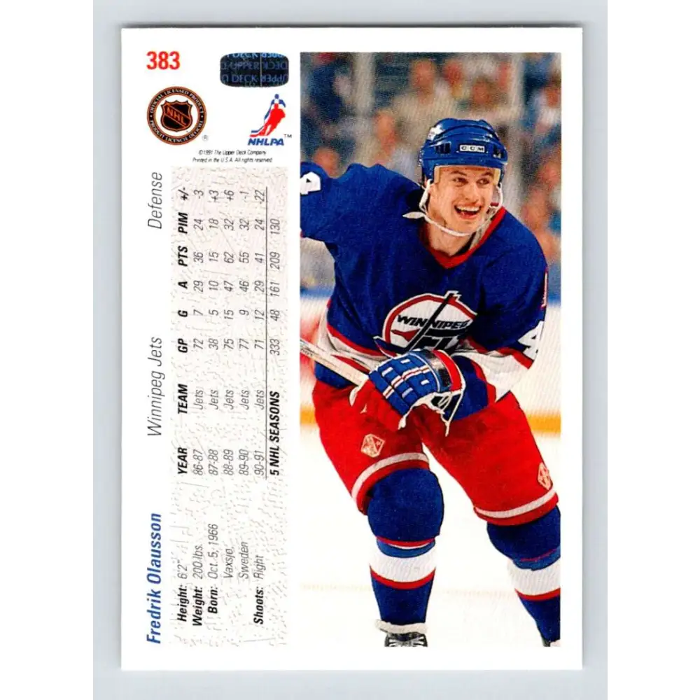 1991-92 Upper Deck #383 Fredrik Olausson NM-MT Winnipeg Jets Hockey Card Image 2