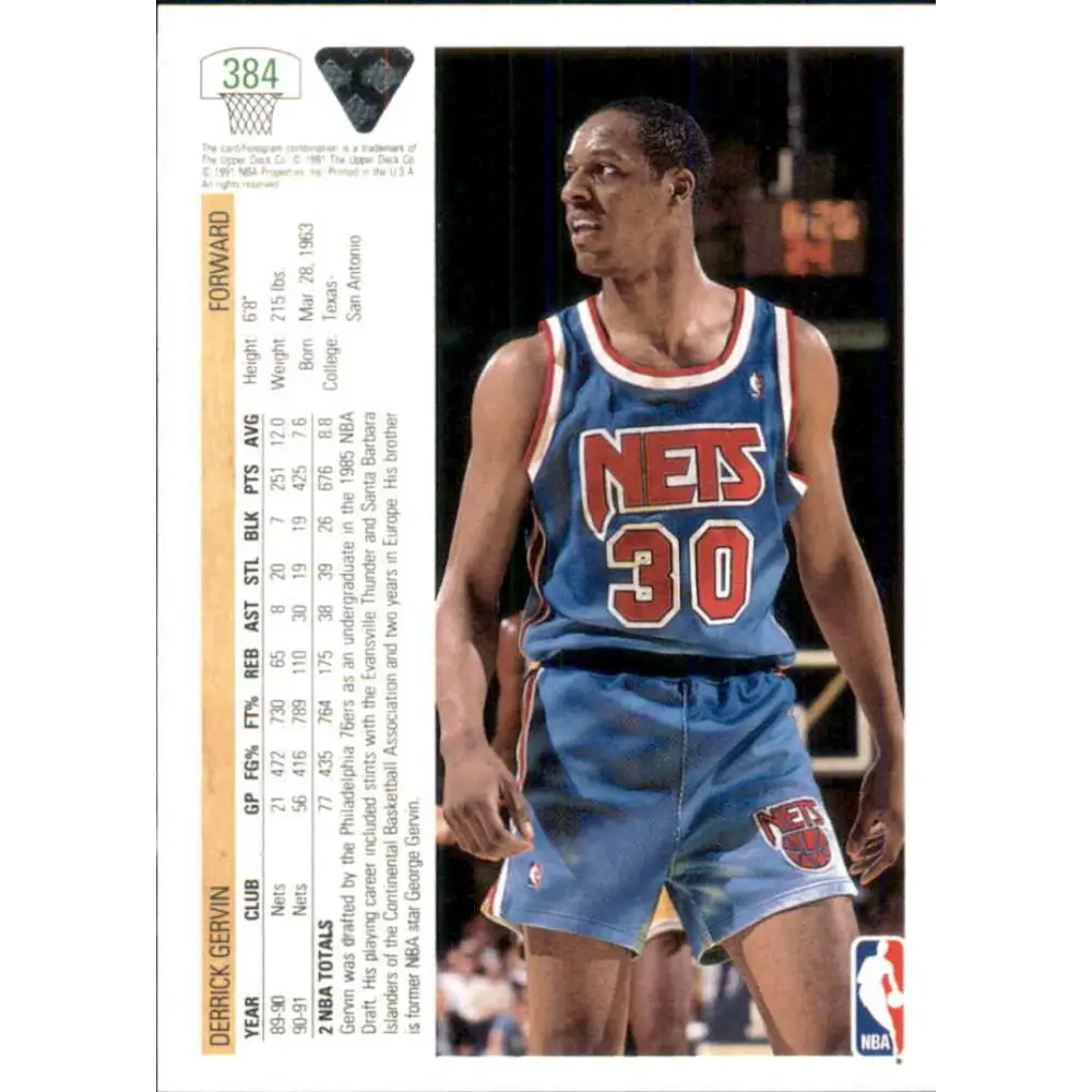 1991-92 Upper Deck #384 Derrick Gervin NM-MT New Jersey Nets Basketball Card Image 2