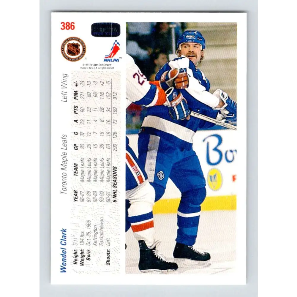 1991-92 Upper Deck #386 Wendel Clark NM-MT Toronto Maple Leafs Hockey Card Image 2
