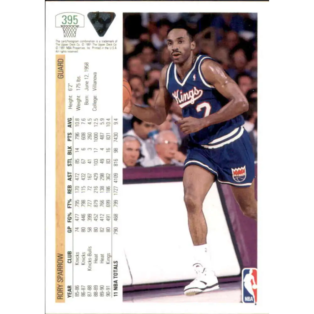 1991-92 Upper Deck #395 Rory Sparrow NM-MT Sacramento Kings Basketball Card Image 2