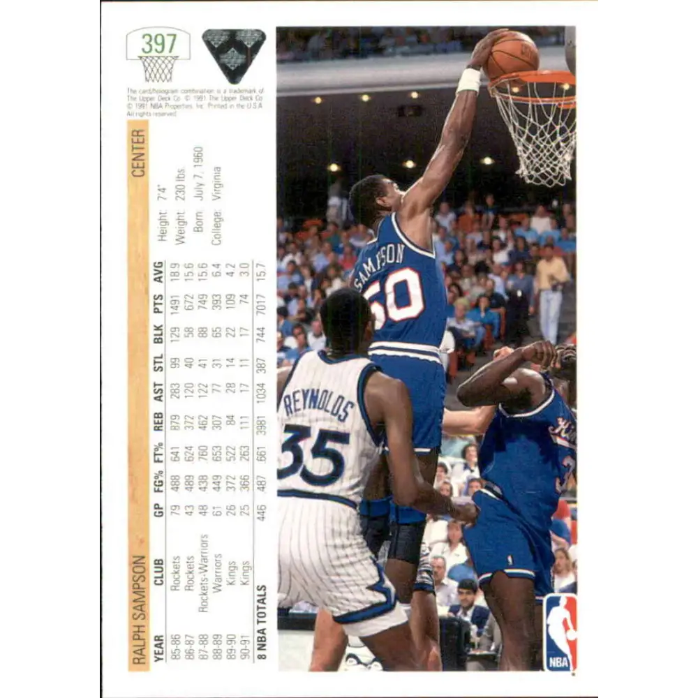 1991-92 Upper Deck #397 Ralph Sampson NM-MT Washington Bullets Basketball Card Image 2
