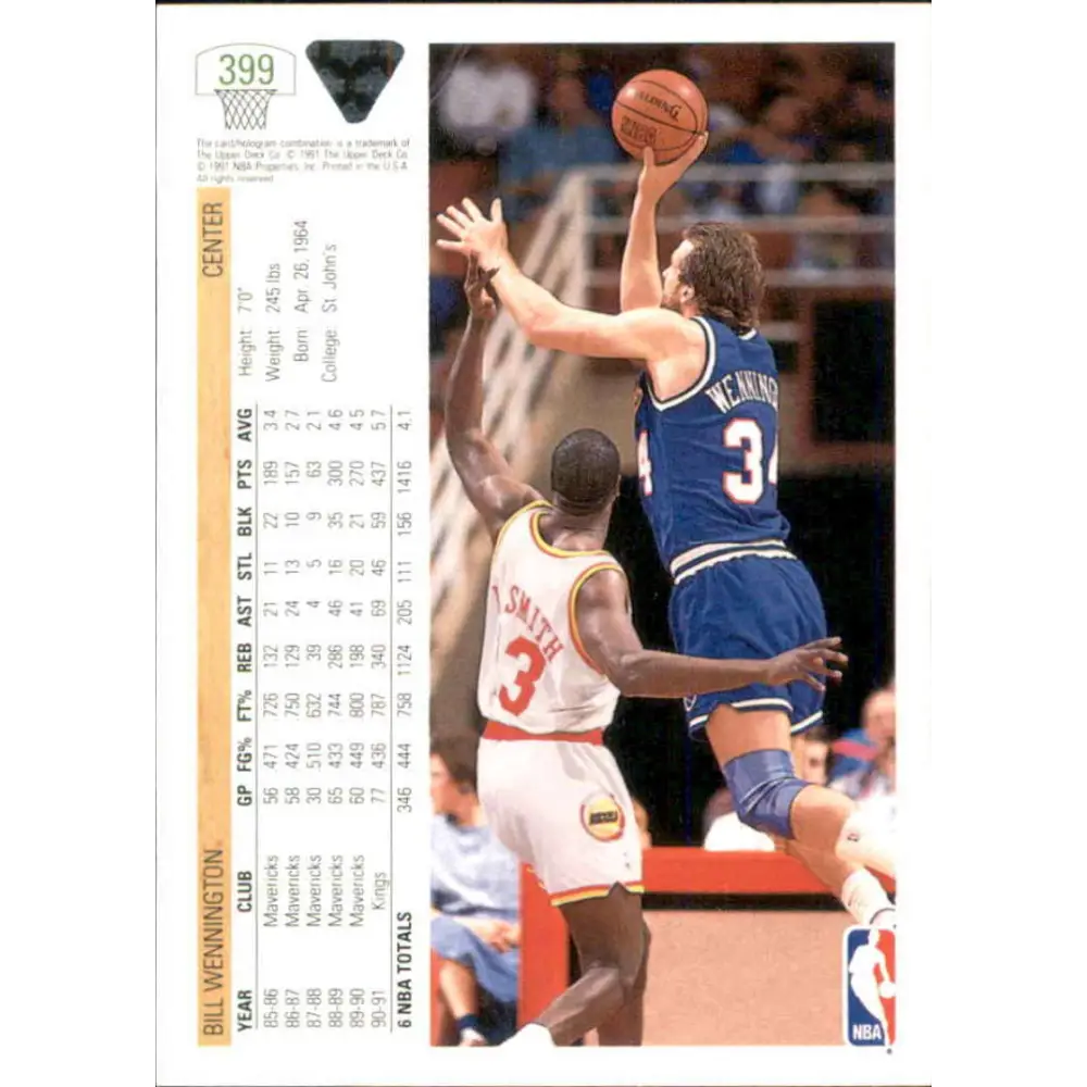 1991-92 Upper Deck #399 Bill Wennington NM-MT Sacramento Kings Basketball Card Image 2