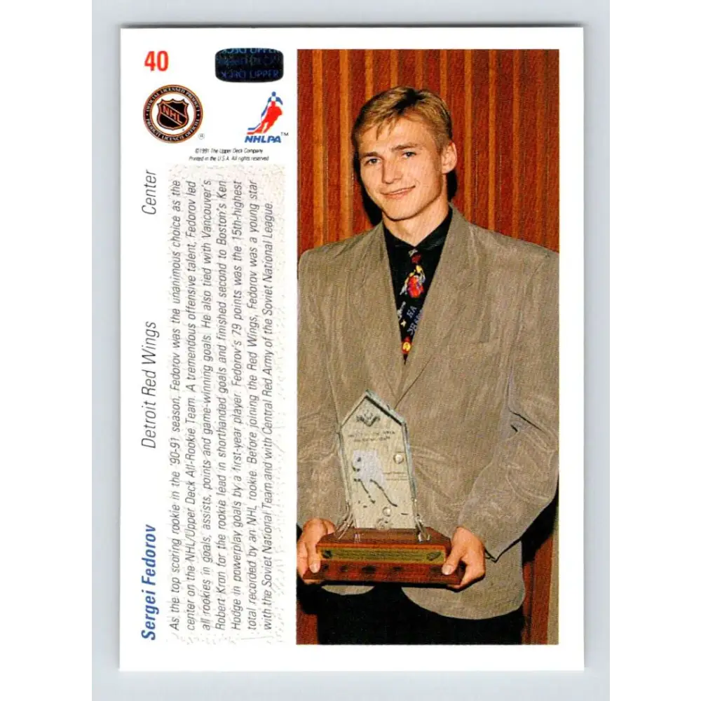 1991-92 Upper Deck #40 Sergei Fedorov ART NM-MT Detroit Red Wings Hockey Card Image 2