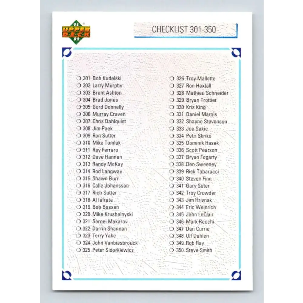 1991-92 Upper Deck #400 Checklist 301-400 NM-MT Hockey Card Image 1