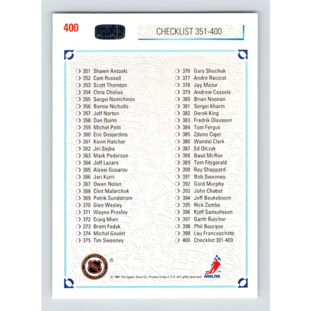1991-92 Upper Deck #400 Checklist 301-400 NM-MT Hockey Card Image 2