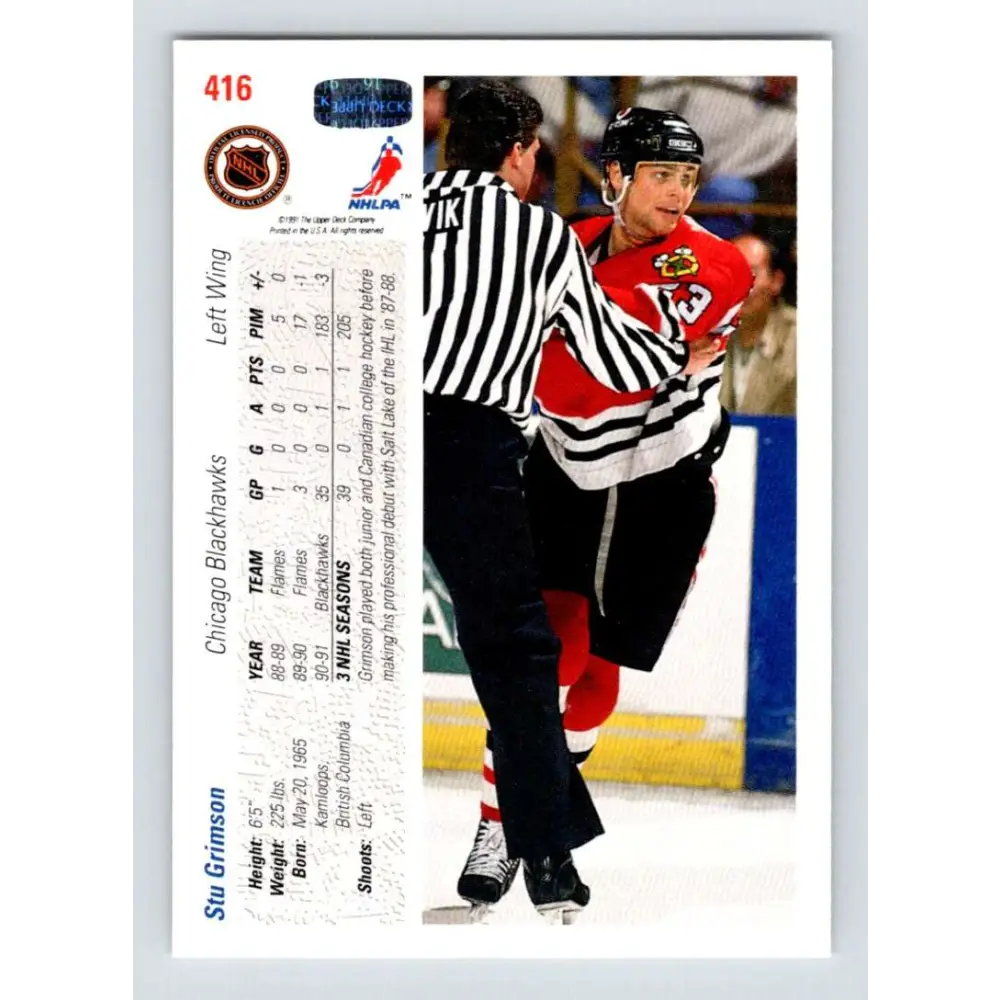 1991-92 Upper Deck #416 Stu Grimson NM-MT RC Rookie Hockey Card Image 2
