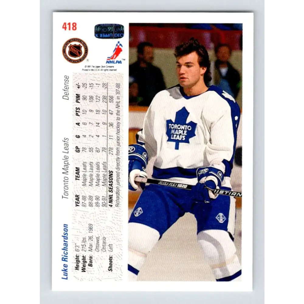 1991-92 Upper Deck #418 Luke Richardson NM-MT Hockey Card Image 2