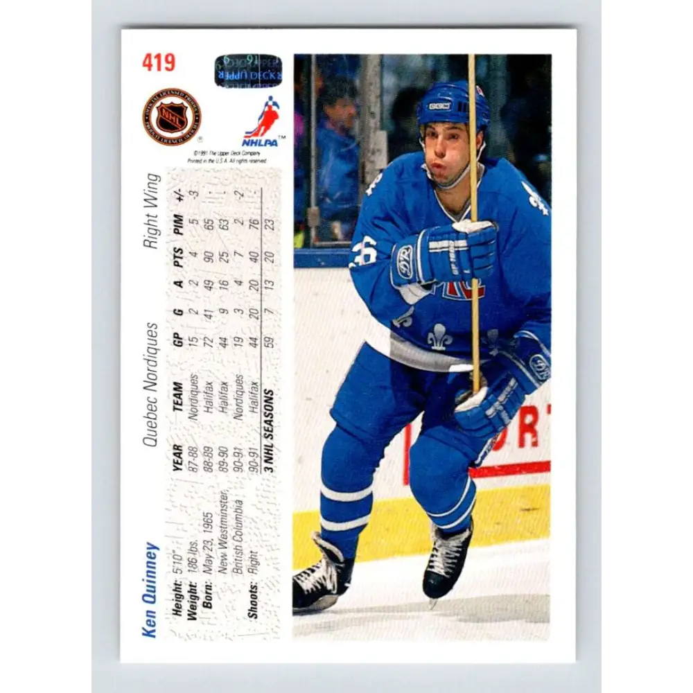 1991-92 Upper Deck #419 Ken Quinney NM-MT Hockey Card Image 2