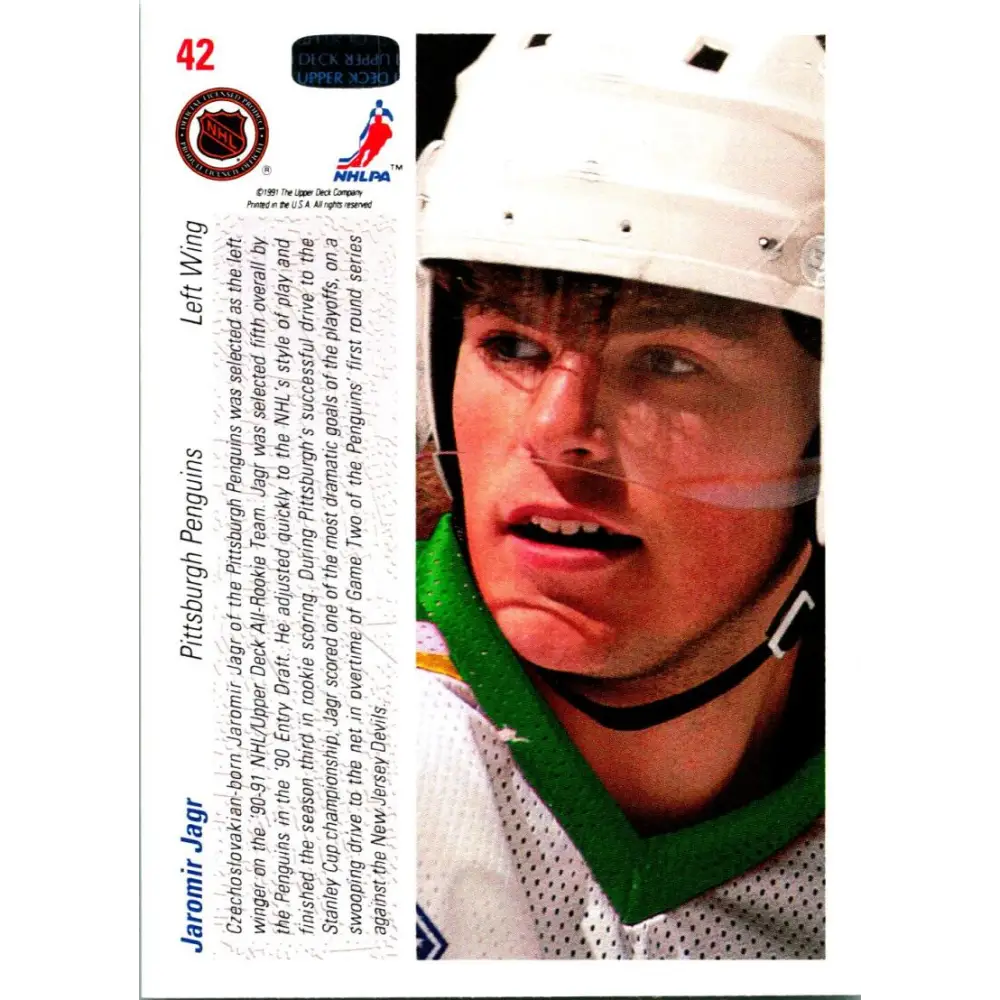 1991-92 Upper Deck #42 Jaromir Jagr ART NM-MT Pittsburgh Penguins Hockey Card Image 2