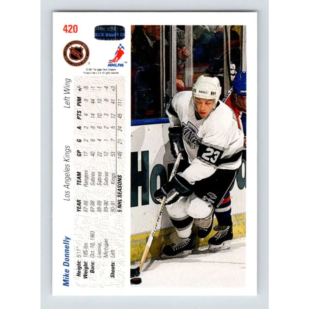 1991-92 Upper Deck #420 Mike Donnelly NM-MT RC Rookie Los Angeles Kings Hockey Card Image 2