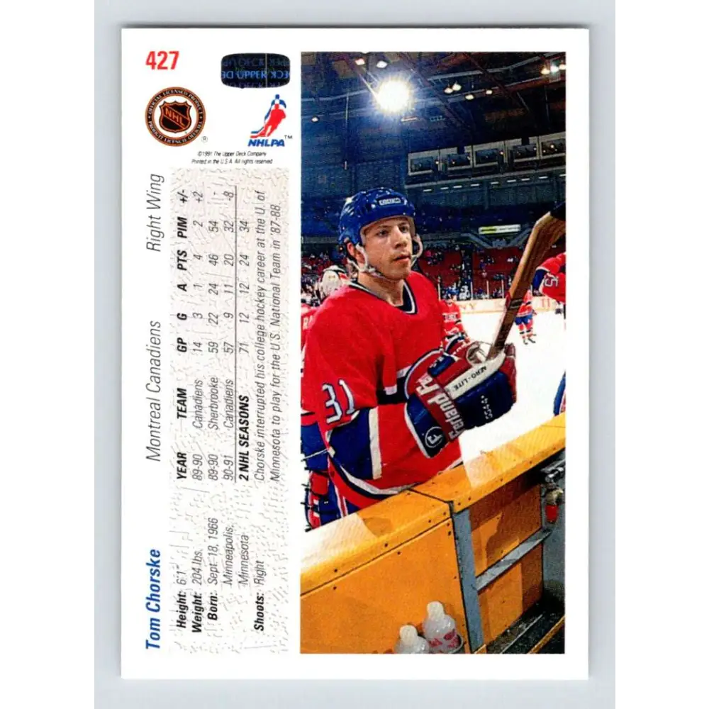1991-92 Upper Deck #427 Tom Chorske NM-MT Hockey Card Image 2