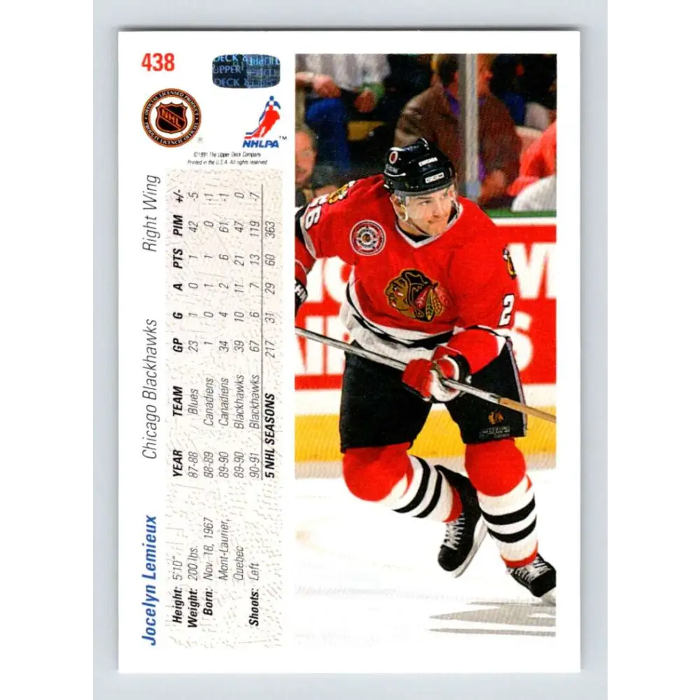 1991-92 Upper Deck #438 Jocelyn Lemieux NM-MT Chicago Blackhawks Hockey Card Image 2