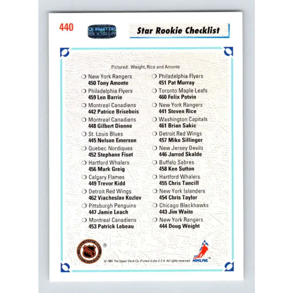 1991-92 Upper Deck #440 Doug Weight/Steve Rice/Tony Amonte SR CL NM-MT RC Rookie New York Rangers Hockey Card Image 2