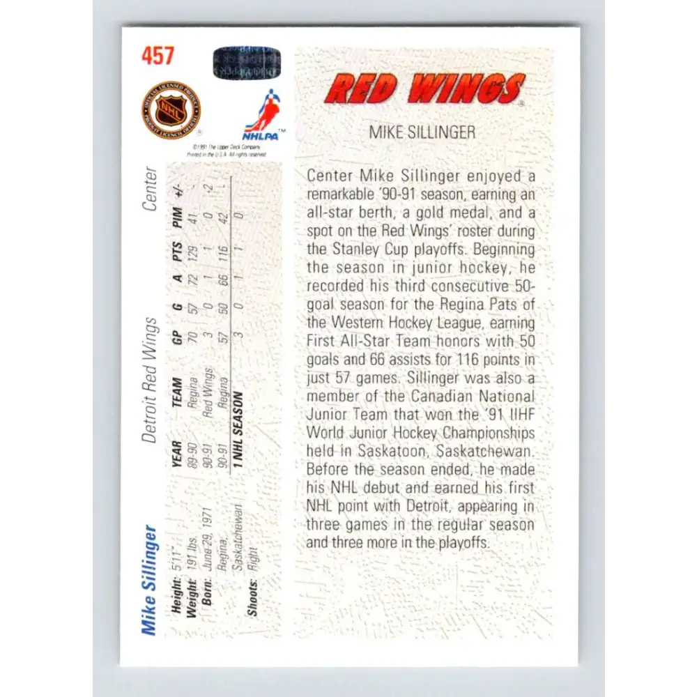 1991-92 Upper Deck #457 Mike Sillinger NM-MT Detroit Red Wings Hockey Card Image 2