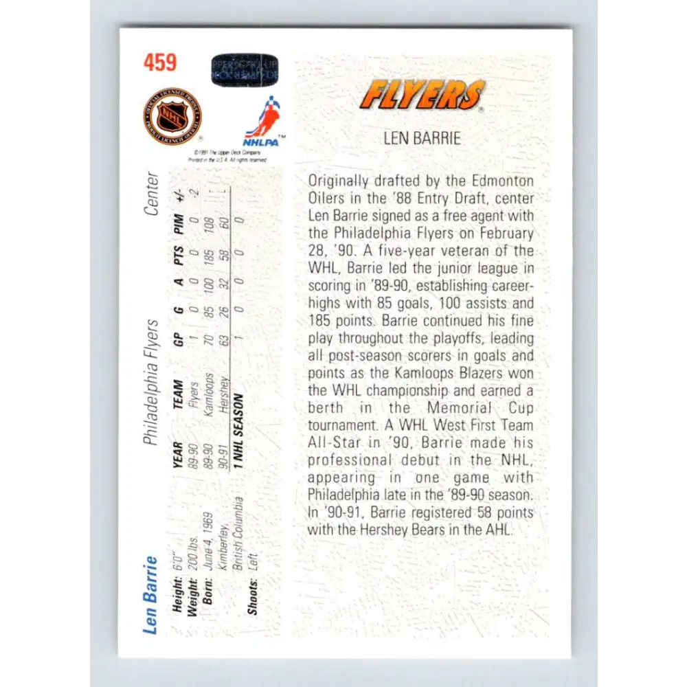 1991-92 Upper Deck #459 Len Barrie NM-MT RC Rookie Hockey Card Image 2