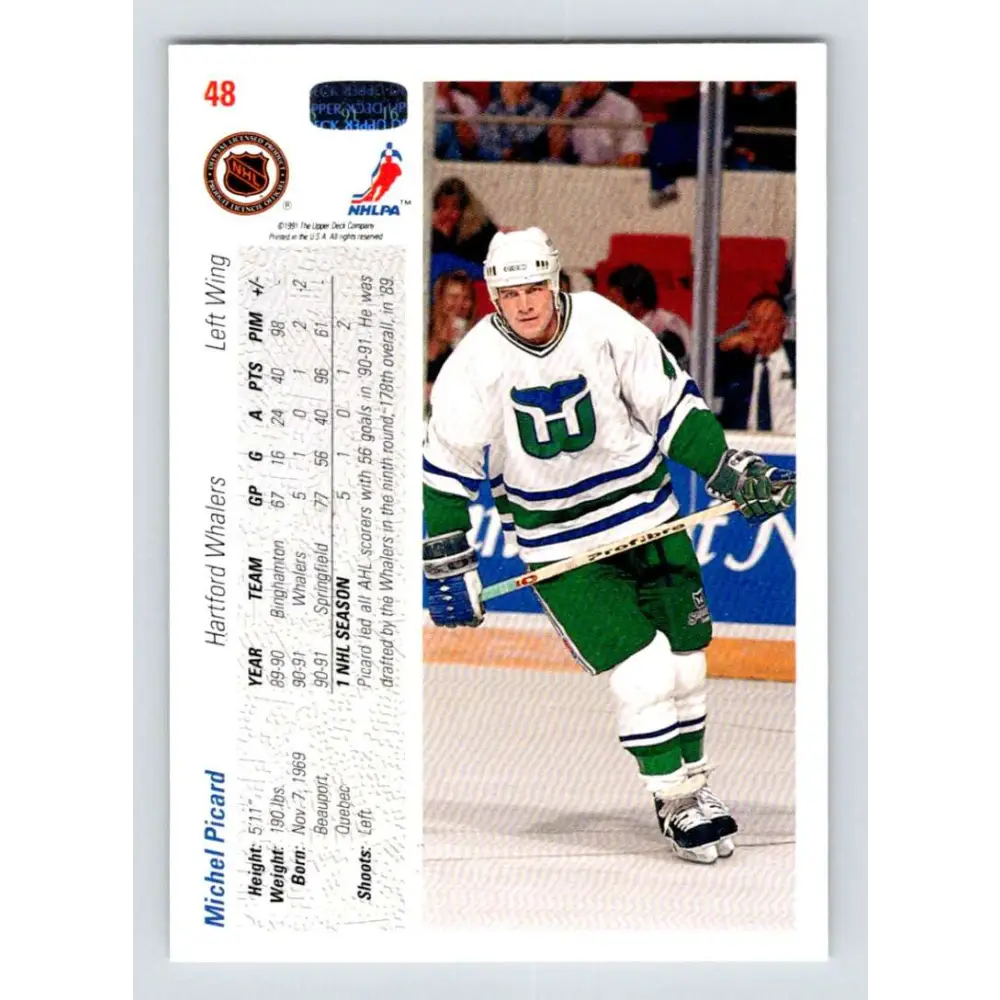 1991-92 Upper Deck #48 Michel Picard NM-MT RC Rookie Hartford Whalers Hockey Card Image 2