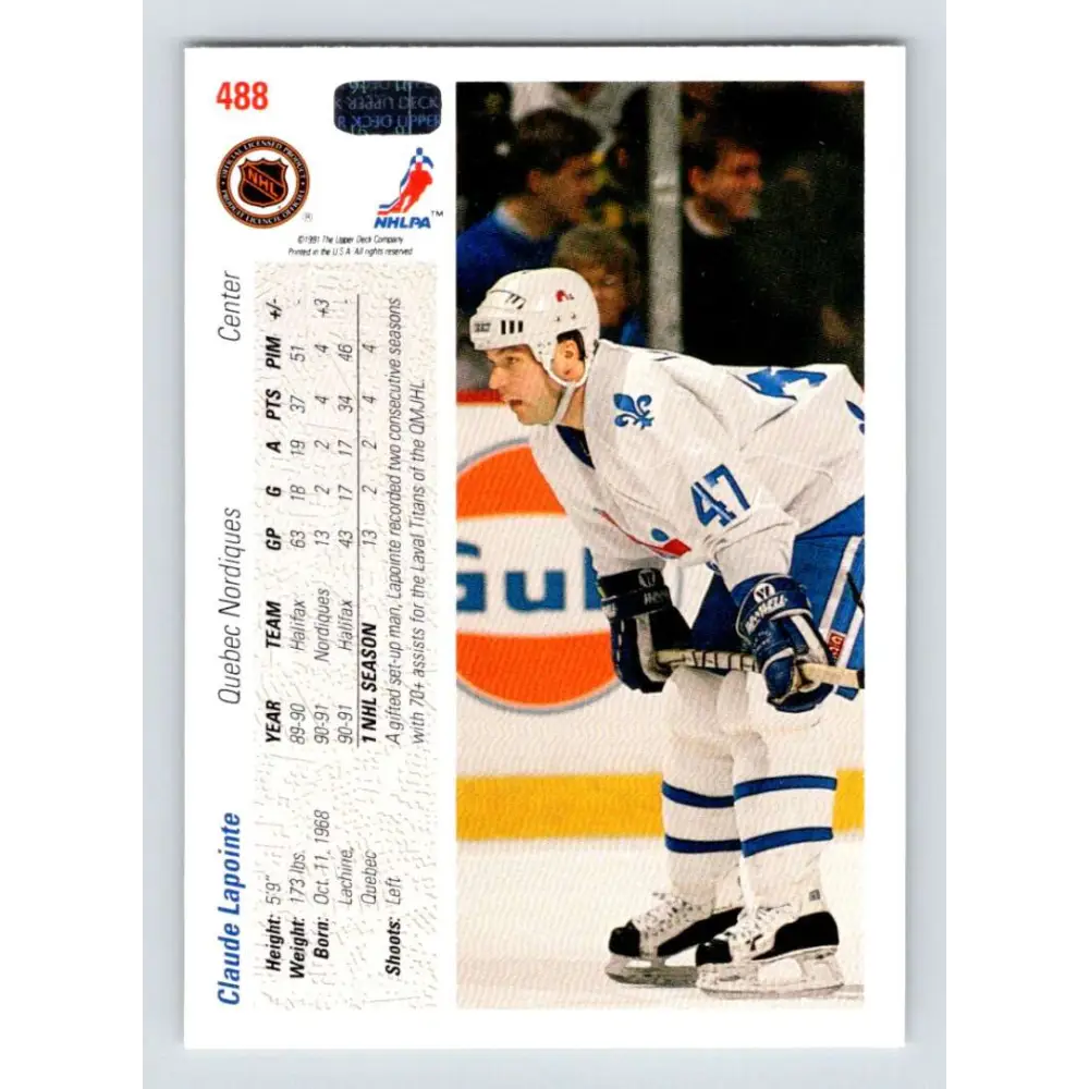 1991-92 Upper Deck #488 Claude Lapointe NM-MT RC Rookie Quebec Nordiques Hockey Card Image 2