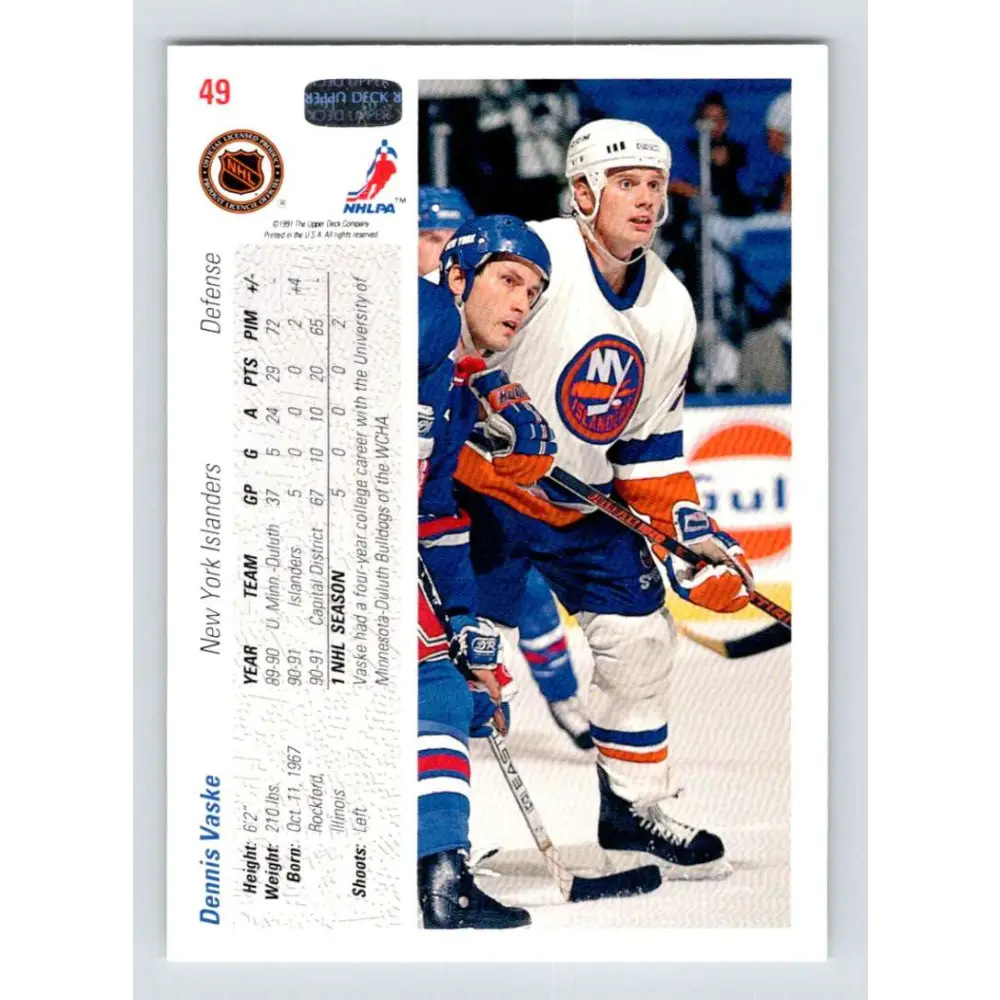 1991-92 Upper Deck #49 Dennis Vaske NM-MT New York Islanders Hockey Card Image 2