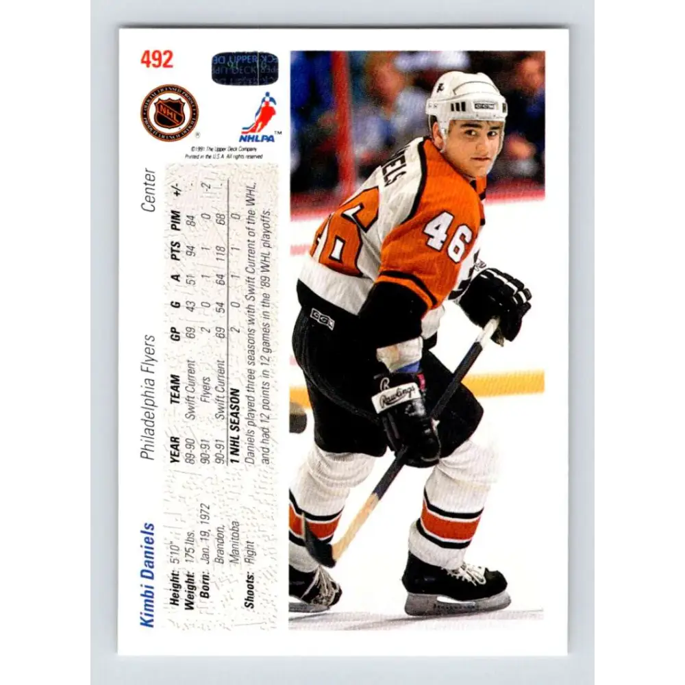 1991-92 Upper Deck #492 Kimbi Daniels NM-MT Philadelphia Flyers Hockey Card Image 2
