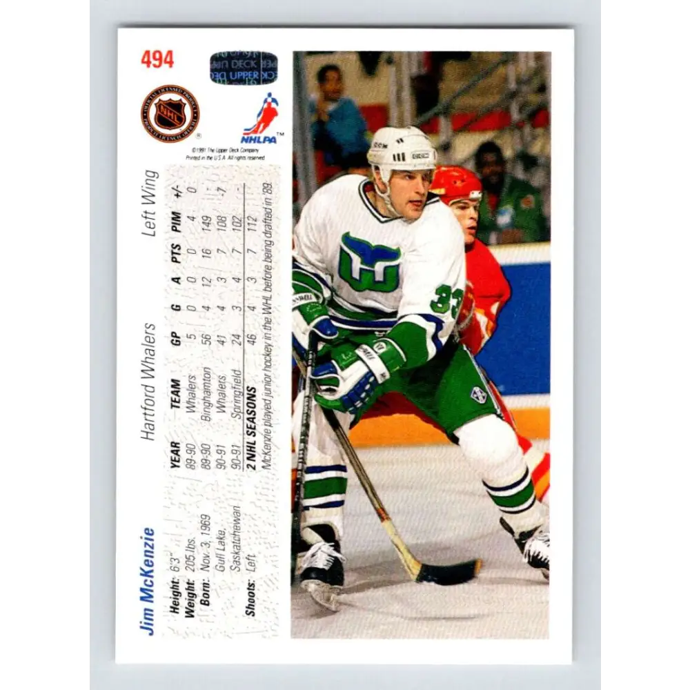 1991-92 Upper Deck #494 Jim McKenzie NM-MT Hartford Whalers Hockey Card Image 2